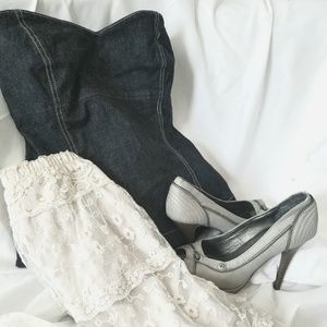 Denim corset, cream color skirt,  open toe heels